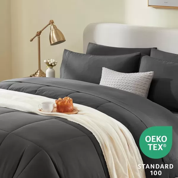 imageCozyLux Full Size Comforter Sets  7 Pieces Bed in a Bag Set Black Comforter Full Size Bedding Sets with All Season Quilted Comforter Flat Sheet Fitted Sheet Pillowcases Black FullDark Grey