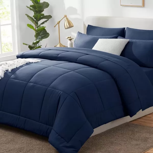 imageCozyLux Full Size Comforter Sets  7 Pieces Bed in a Bag Set Black Comforter Full Size Bedding Sets with All Season Quilted Comforter Flat Sheet Fitted Sheet Pillowcases Black FullNavy