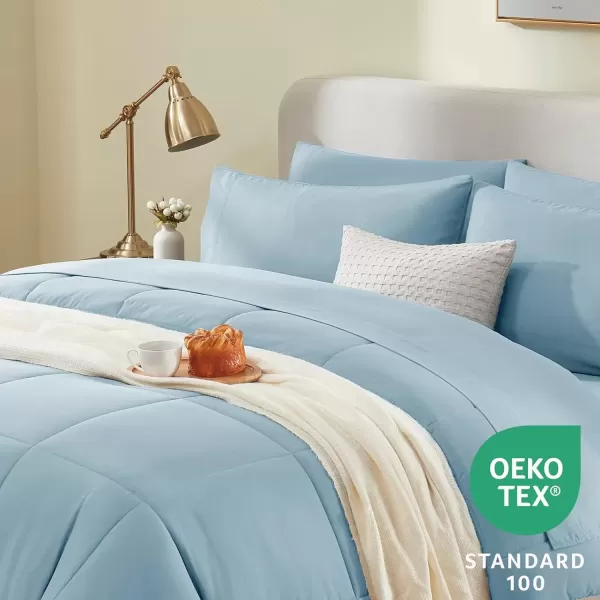 imageCozyLux Full Size Comforter Sets  7 Pieces Bed in a Bag Set Black Comforter Full Size Bedding Sets with All Season Quilted Comforter Flat Sheet Fitted Sheet Pillowcases Black FullLight Blue