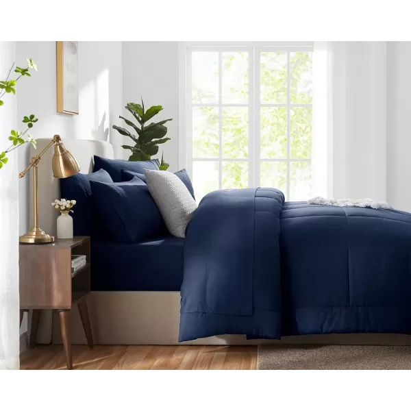 imageCozyLux Full Size Comforter Sets  7 Pieces Bed in a Bag Set Black Comforter Full Size Bedding Sets with All Season Quilted Comforter Flat Sheet Fitted Sheet Pillowcases Black FullNavy