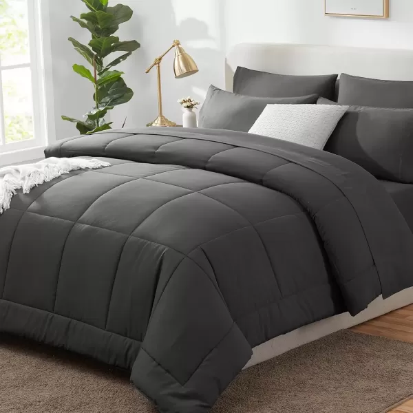 imageCozyLux Full Size Comforter Sets  7 Pieces Bed in a Bag Set Black Comforter Full Size Bedding Sets with All Season Quilted Comforter Flat Sheet Fitted Sheet Pillowcases Black FullDark Grey