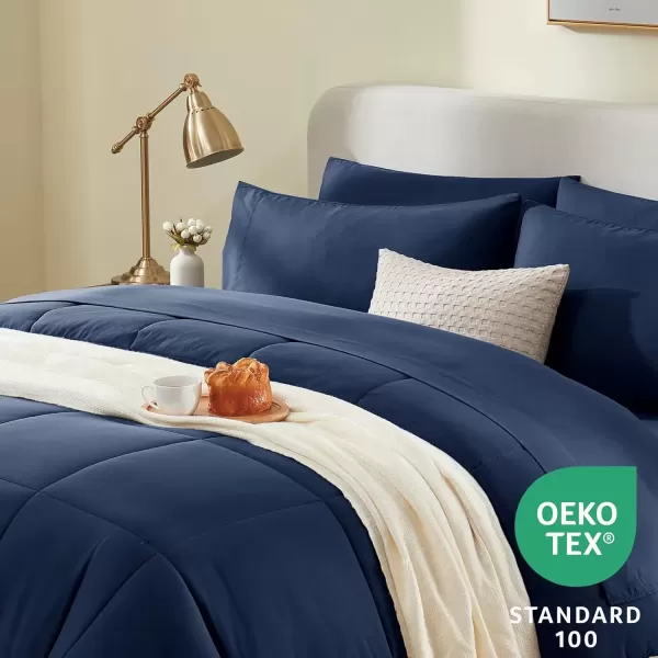 imageCozyLux Full Size Comforter Sets  7 Pieces Bed in a Bag Set Black Comforter Full Size Bedding Sets with All Season Quilted Comforter Flat Sheet Fitted Sheet Pillowcases Black FullNavy