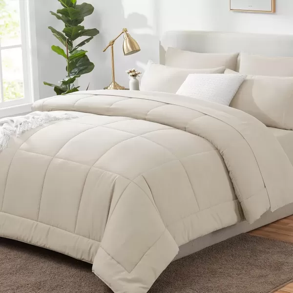 imageCozyLux Full Size Comforter Sets  7 Pieces Bed in a Bag Set Black Comforter Full Size Bedding Sets with All Season Quilted Comforter Flat Sheet Fitted Sheet Pillowcases Black FullBeige