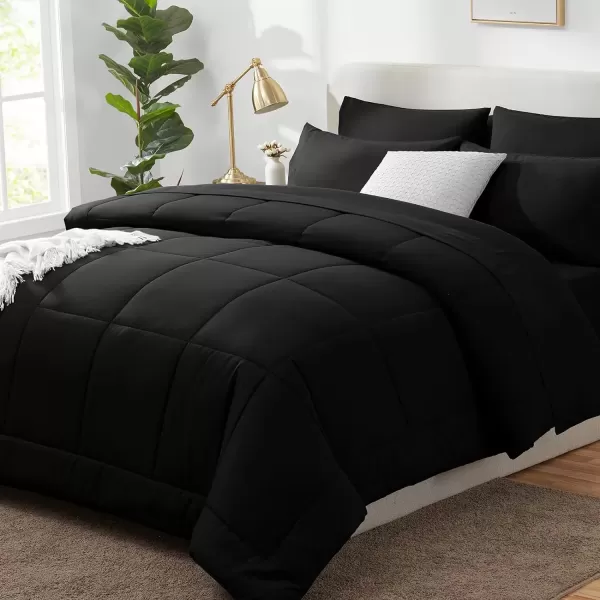imageCozyLux Full Size Comforter Sets  7 Pieces Bed in a Bag Set Black Comforter Full Size Bedding Sets with All Season Quilted Comforter Flat Sheet Fitted Sheet Pillowcases Black FullBlack