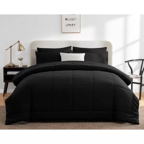 imageCozyLux Full Size Comforter Sets  7 Pieces Bed in a Bag Set Black Comforter Full Size Bedding Sets with All Season Quilted Comforter Flat Sheet Fitted Sheet Pillowcases Black FullBlack