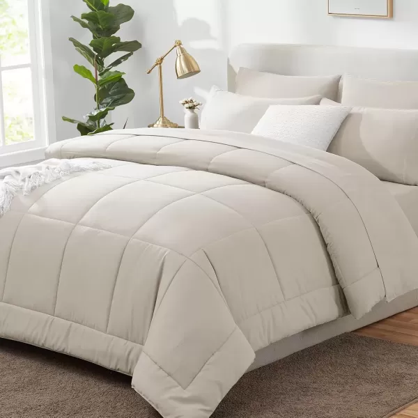 imageCozyLux Full Size Comforter Sets  7 Pieces Bed in a Bag Set Black Comforter Full Size Bedding Sets with All Season Quilted Comforter Flat Sheet Fitted Sheet Pillowcases Black FullBeige