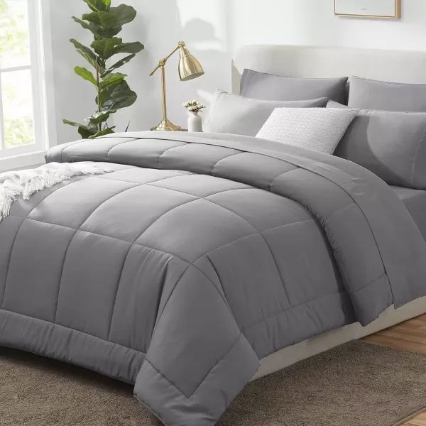 imageCozyLux Full Size Comforter Sets  7 Pieces Bed in a Bag Set Black Comforter Full Size Bedding Sets with All Season Quilted Comforter Flat Sheet Fitted Sheet Pillowcases Black FullGrey