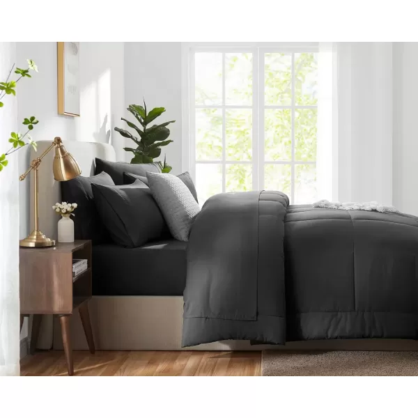 imageCozyLux Full Size Comforter Sets  7 Pieces Bed in a Bag Set Black Comforter Full Size Bedding Sets with All Season Quilted Comforter Flat Sheet Fitted Sheet Pillowcases Black FullDark Grey