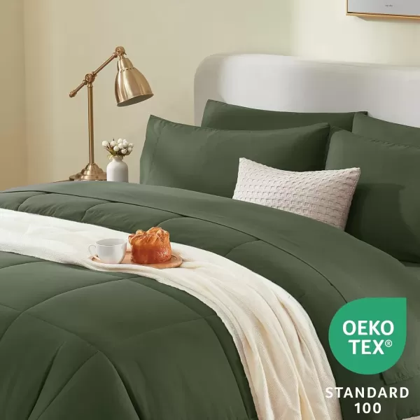 imageCozyLux Full Size Comforter Sets  7 Pieces Bed in a Bag Set Black Comforter Full Size Bedding Sets with All Season Quilted Comforter Flat Sheet Fitted Sheet Pillowcases Black FullOlive Green