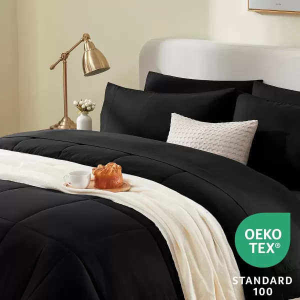 imageCozyLux Full Size Comforter Sets  7 Pieces Bed in a Bag Set Black Comforter Full Size Bedding Sets with All Season Quilted Comforter Flat Sheet Fitted Sheet Pillowcases Black FullBlack