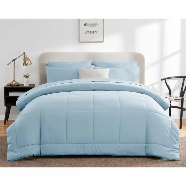 imageCozyLux Full Size Comforter Sets  7 Pieces Bed in a Bag Set Black Comforter Full Size Bedding Sets with All Season Quilted Comforter Flat Sheet Fitted Sheet Pillowcases Black FullLight Blue