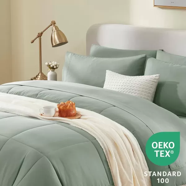 imageCozyLux Full Size Comforter Sets  7 Pieces Bed in a Bag Set Black Comforter Full Size Bedding Sets with All Season Quilted Comforter Flat Sheet Fitted Sheet Pillowcases Black FullSage Green