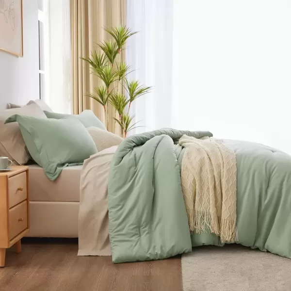 imageCozyLux Full Size Comforter Sets Sage Green and Beige 7 Pieces Full Bedding Set Contrasting Design with Comforter Flat Sheets Fitted Sheet Pillowcases ampamp Shams Bed in a Bag Full for All SeasonSage Green