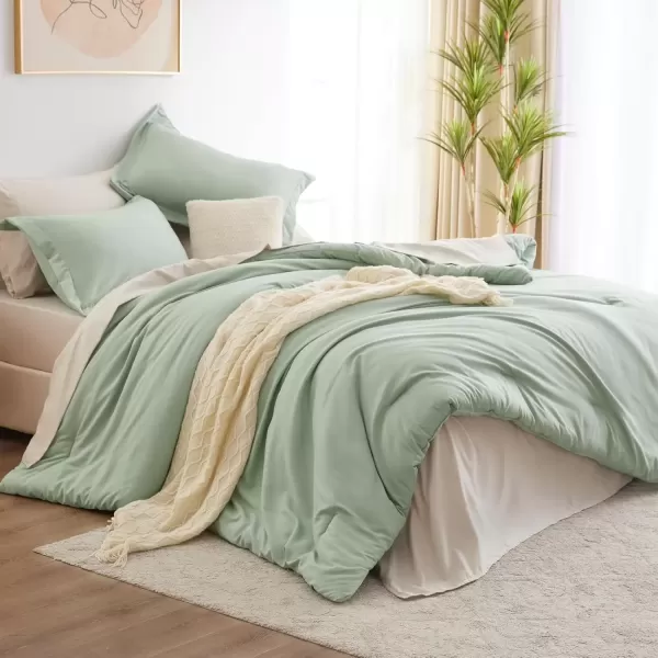 imageCozyLux Full Size Comforter Sets Sage Green and Beige 7 Pieces Full Bedding Set Contrasting Design with Comforter Flat Sheets Fitted Sheet Pillowcases ampamp Shams Bed in a Bag Full for All SeasonSage Green