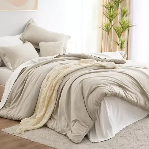 imageCozyLux Full Size Comforter Sets Sage Green and Beige 7 Pieces Full Bedding Set Contrasting Design with Comforter Flat Sheets Fitted Sheet Pillowcases ampamp Shams Bed in a Bag Full for All SeasonBeige