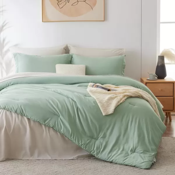 imageCozyLux Full Size Comforter Sets Sage Green and Beige 7 Pieces Full Bedding Set Contrasting Design with Comforter Flat Sheets Fitted Sheet Pillowcases ampamp Shams Bed in a Bag Full for All SeasonSage Green