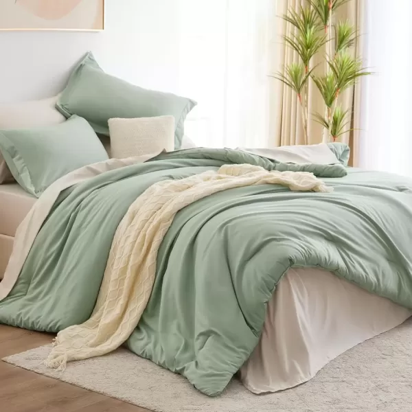 imageCozyLux Full Size Comforter Sets Sage Green and Beige 7 Pieces Full Bedding Set Contrasting Design with Comforter Flat Sheets Fitted Sheet Pillowcases ampamp Shams Bed in a Bag Full for All SeasonSage Green