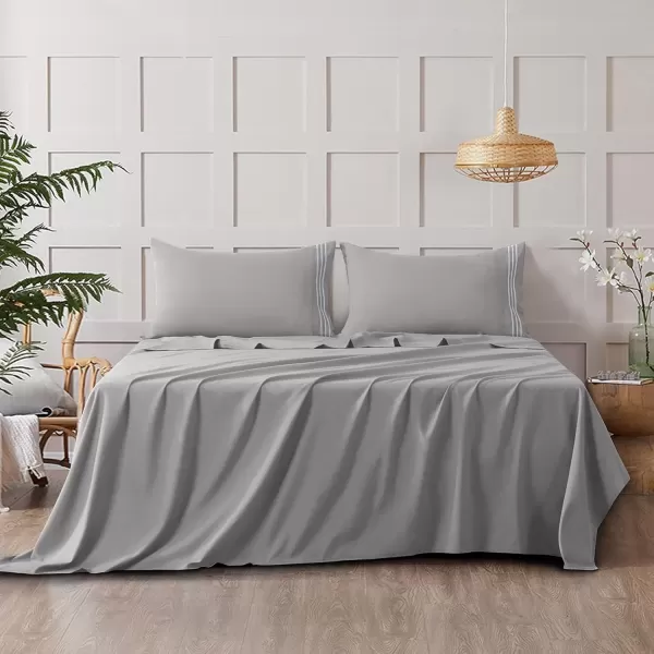 imageCozyLux Hotel Luxury Queen Bed Sheets Set  1800 Series 4Piece Embroidered Microfiber Sheets Double Brushed 16quot Deep Pocket Soft and WrinkleResistant WhiteLight Grey