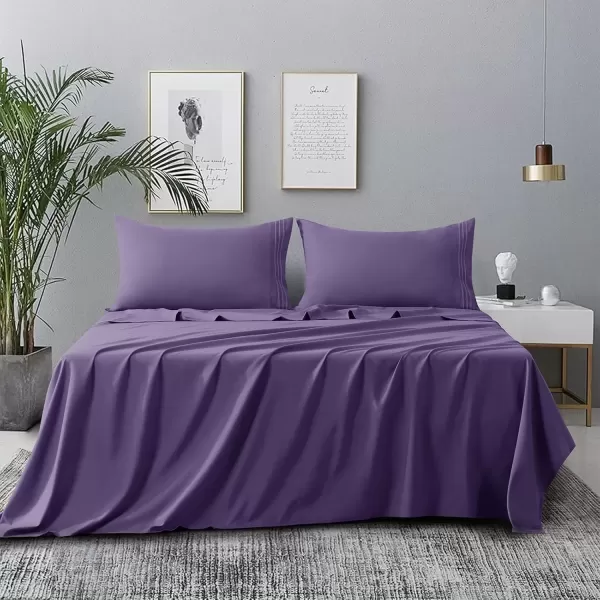 imageCozyLux Hotel Luxury Queen Bed Sheets Set  1800 Series 4Piece Embroidered Microfiber Sheets Double Brushed 16quot Deep Pocket Soft and WrinkleResistant WhitePurple