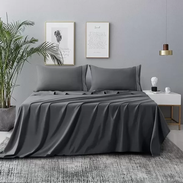 imageCozyLux Hotel Luxury Queen Bed Sheets Set  1800 Series 4Piece Embroidered Microfiber Sheets Double Brushed 16quot Deep Pocket Soft and WrinkleResistant WhiteDark Grey