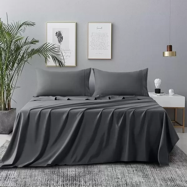 imageCozyLux Hotel Luxury Queen Bed Sheets Set  1800 Series 4Piece Embroidered Microfiber Sheets Double Brushed 16quot Deep Pocket Soft and WrinkleResistant WhiteDark Grey