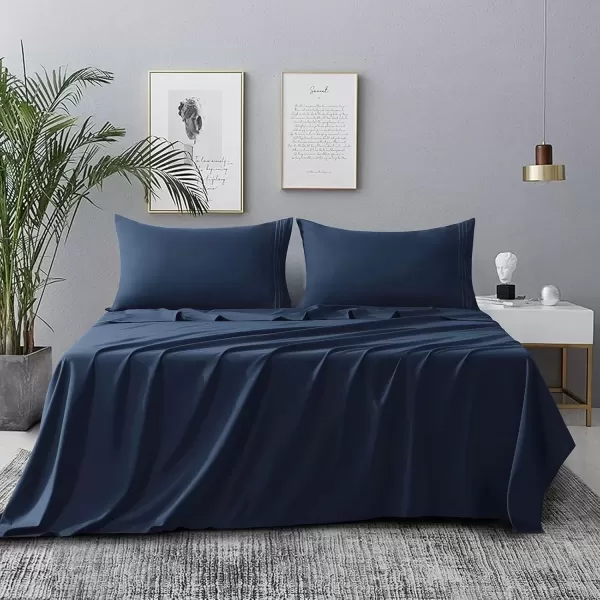 imageCozyLux Hotel Luxury Queen Bed Sheets Set  1800 Series 4Piece Embroidered Microfiber Sheets Double Brushed 16quot Deep Pocket Soft and WrinkleResistant WhiteNavy Blue