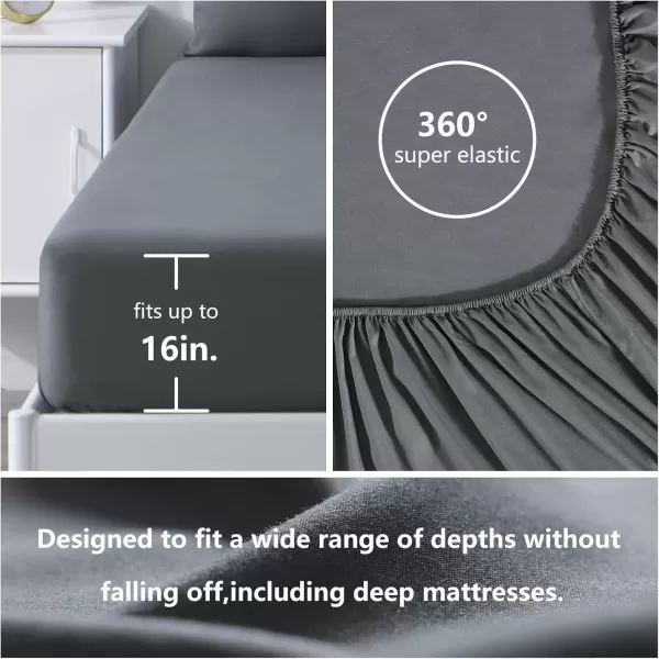imageCozyLux Hotel Luxury Queen Bed Sheets Set  1800 Series 4Piece Embroidered Microfiber Sheets Double Brushed 16quot Deep Pocket Soft and WrinkleResistant WhiteDark Grey