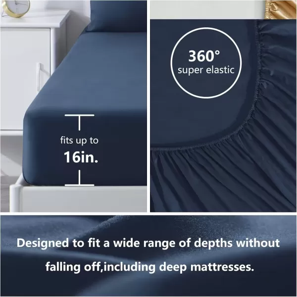 imageCozyLux Hotel Luxury Queen Bed Sheets Set  1800 Series 4Piece Embroidered Microfiber Sheets Double Brushed 16quot Deep Pocket Soft and WrinkleResistant WhiteNavy Blue