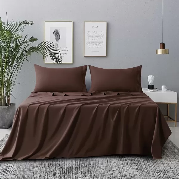 imageCozyLux Hotel Luxury Queen Bed Sheets Set  1800 Series 4Piece Embroidered Microfiber Sheets Double Brushed 16quot Deep Pocket Soft and WrinkleResistant WhiteBrown