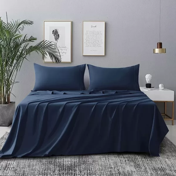 imageCozyLux Hotel Luxury Queen Bed Sheets Set  1800 Series 4Piece Embroidered Microfiber Sheets Double Brushed 16quot Deep Pocket Soft and WrinkleResistant WhiteNavy Blue