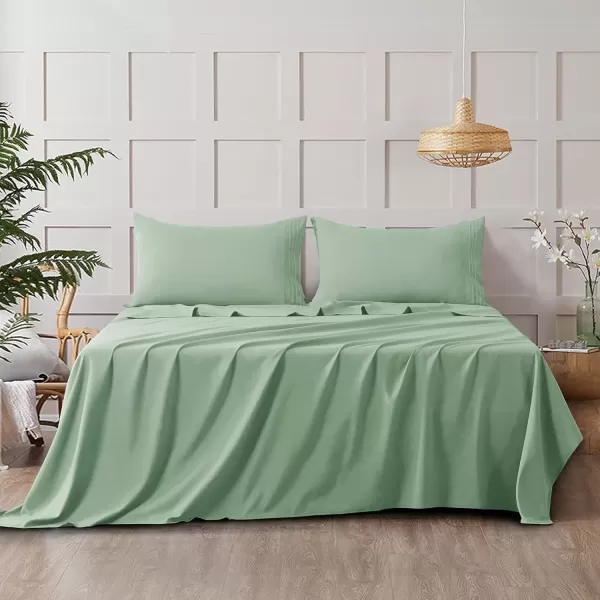 imageCozyLux Hotel Luxury Queen Bed Sheets Set  1800 Series 4Piece Embroidered Microfiber Sheets Double Brushed 16quot Deep Pocket Soft and WrinkleResistant WhiteSage Green