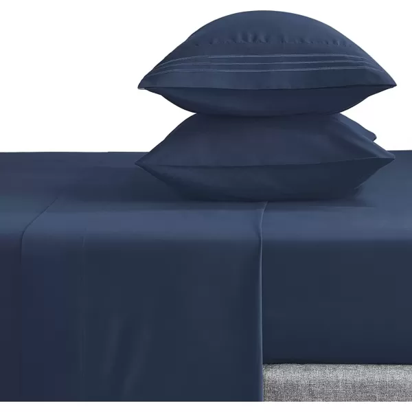 imageCozyLux Hotel Luxury Queen Bed Sheets Set  1800 Series 4Piece Embroidered Microfiber Sheets Double Brushed 16quot Deep Pocket Soft and WrinkleResistant WhiteNavy Blue