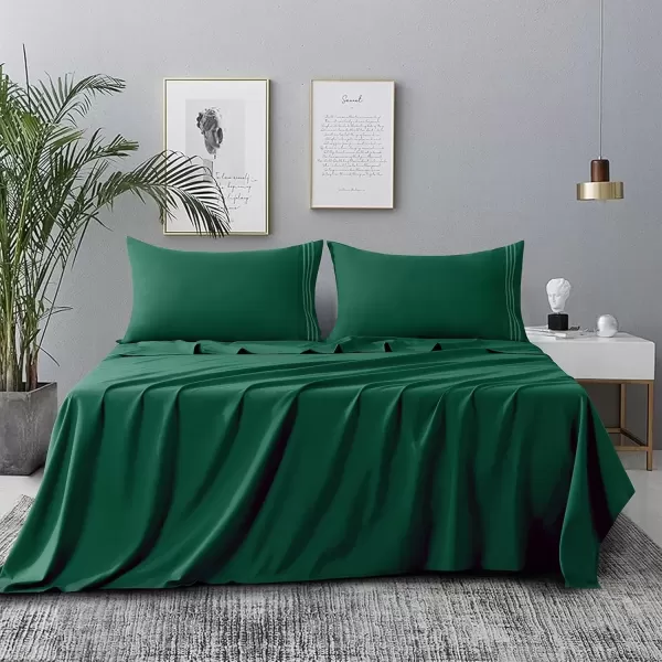 imageCozyLux Hotel Luxury Queen Bed Sheets Set  1800 Series 4Piece Embroidered Microfiber Sheets Double Brushed 16quot Deep Pocket Soft and WrinkleResistant WhiteForest Green