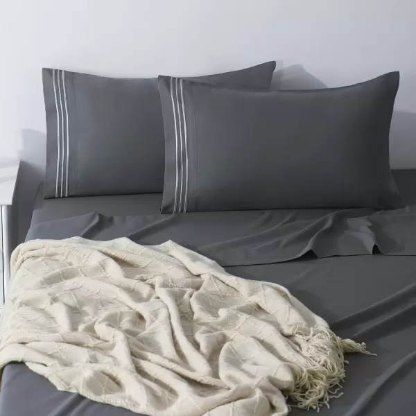 imageCozyLux Hotel Luxury Queen Bed Sheets Set  1800 Series 4Piece Embroidered Microfiber Sheets Double Brushed 16quot Deep Pocket Soft and WrinkleResistant WhiteDark Grey
