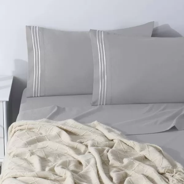 imageCozyLux Hotel Luxury Queen Bed Sheets Set  1800 Series 4Piece Embroidered Microfiber Sheets Double Brushed 16quot Deep Pocket Soft and WrinkleResistant WhiteLight Grey
