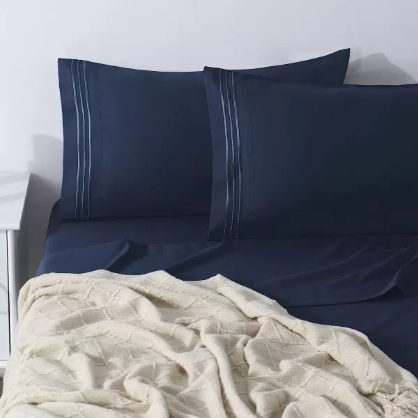 imageCozyLux Hotel Luxury Queen Bed Sheets Set  1800 Series 4Piece Embroidered Microfiber Sheets Double Brushed 16quot Deep Pocket Soft and WrinkleResistant WhiteNavy Blue