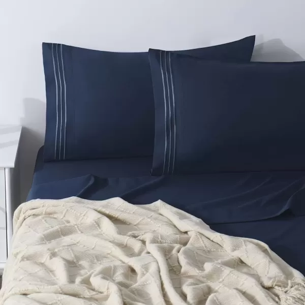 imageCozyLux Hotel Luxury Queen Bed Sheets Set  1800 Series 4Piece Embroidered Microfiber Sheets Double Brushed 16quot Deep Pocket Soft and WrinkleResistant WhiteNavy Blue