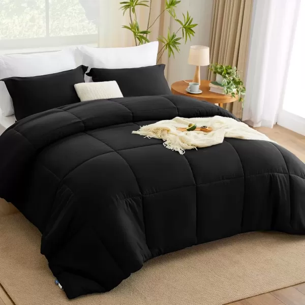 imageCozyLux King Size Comforter Set  Black Comforter King Size 3 Pieces Box Stitched Bed Set for All Seasons Soft Lightweight Bedding Sets with 1 Down Alternative Comforter and 2 Pillow ShamsBlack