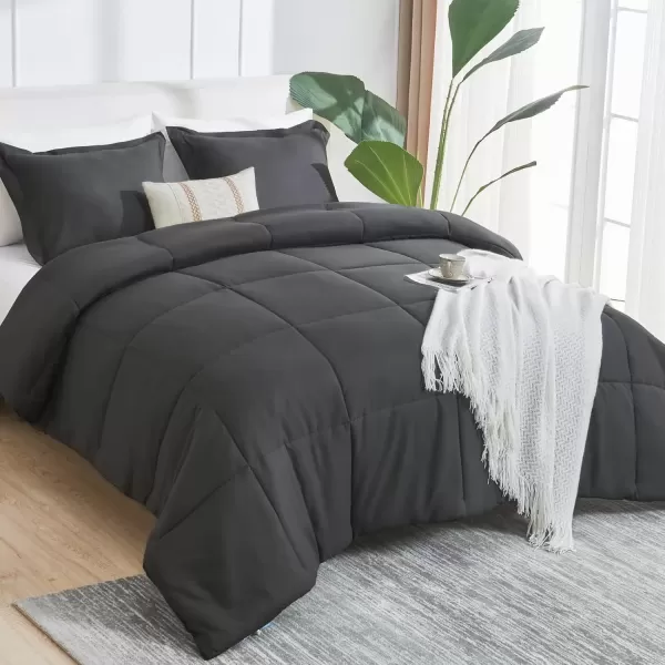 imageCozyLux King Size Comforter Set  Black Comforter King Size 3 Pieces Box Stitched Bed Set for All Seasons Soft Lightweight Bedding Sets with 1 Down Alternative Comforter and 2 Pillow ShamsDark Grey