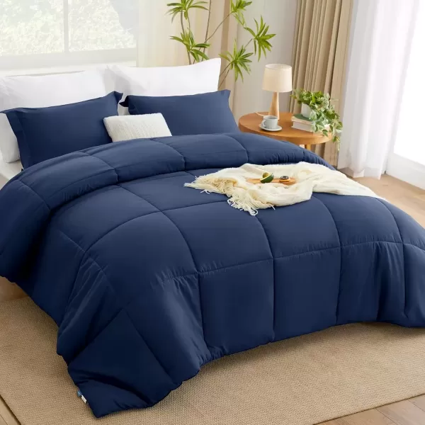 imageCozyLux King Size Comforter Set  Black Comforter King Size 3 Pieces Box Stitched Bed Set for All Seasons Soft Lightweight Bedding Sets with 1 Down Alternative Comforter and 2 Pillow ShamsNavy