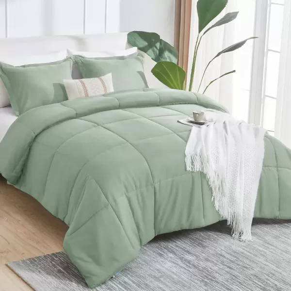 imageCozyLux King Size Comforter Set  Black Comforter King Size 3 Pieces Box Stitched Bed Set for All Seasons Soft Lightweight Bedding Sets with 1 Down Alternative Comforter and 2 Pillow ShamsSage Green
