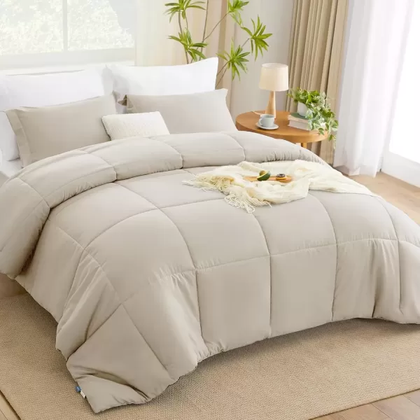 imageCozyLux King Size Comforter Set  Black Comforter King Size 3 Pieces Box Stitched Bed Set for All Seasons Soft Lightweight Bedding Sets with 1 Down Alternative Comforter and 2 Pillow ShamsBeige