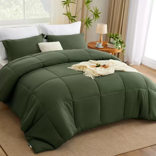 imageCozyLux King Size Comforter Set  Black Comforter King Size 3 Pieces Box Stitched Bed Set for All Seasons Soft Lightweight Bedding Sets with 1 Down Alternative Comforter and 2 Pillow ShamsOlive Green