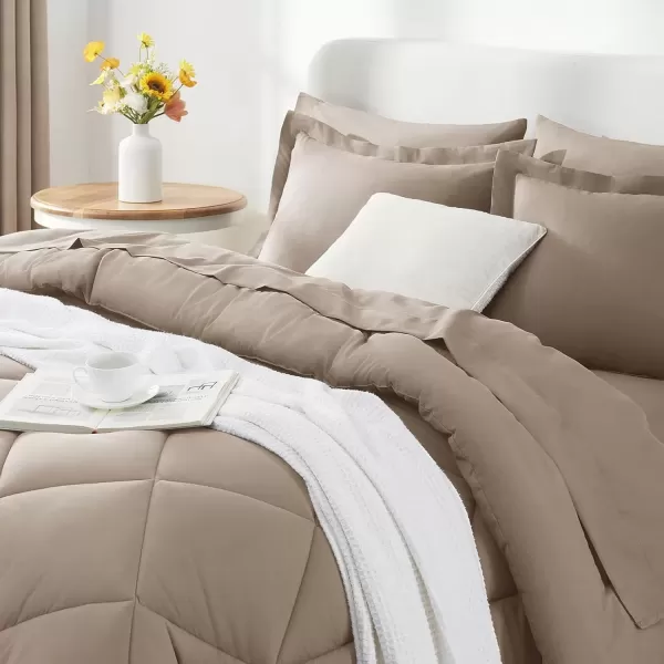 imageCozyLux Queen Bed in a Bag 7Pieces Comforter Sets with Comforter and Sheets Dark Grey All Season Bedding Sets with Comforter Pillow Shams Flat Sheet Fitted Sheet and PillowcasesKhaki