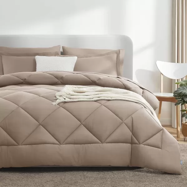 imageCozyLux Queen Bed in a Bag 7Pieces Comforter Sets with Comforter and Sheets Dark Grey All Season Bedding Sets with Comforter Pillow Shams Flat Sheet Fitted Sheet and PillowcasesKhaki