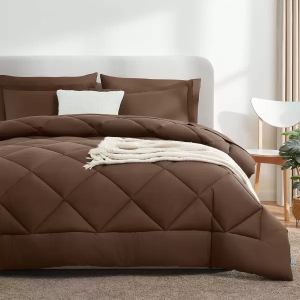 imageCozyLux Queen Bed in a Bag 7Pieces Comforter Sets with Comforter and Sheets Dark Grey All Season Bedding Sets with Comforter Pillow Shams Flat Sheet Fitted Sheet and PillowcasesBrown