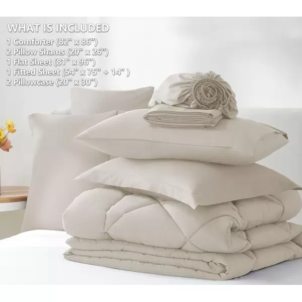 imageCozyLux Queen Bed in a Bag 7Pieces Comforter Sets with Comforter and Sheets Dark Grey All Season Bedding Sets with Comforter Pillow Shams Flat Sheet Fitted Sheet and PillowcasesBeige