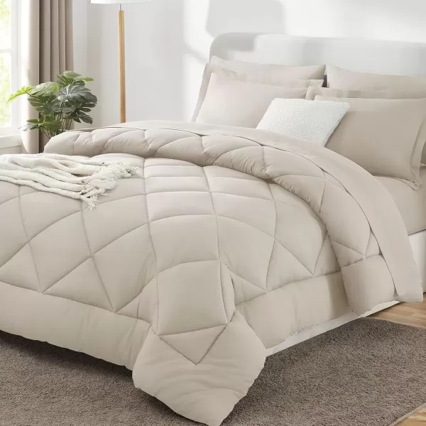 imageCozyLux Queen Bed in a Bag 7Pieces Comforter Sets with Comforter and Sheets Dark Grey All Season Bedding Sets with Comforter Pillow Shams Flat Sheet Fitted Sheet and PillowcasesBeige