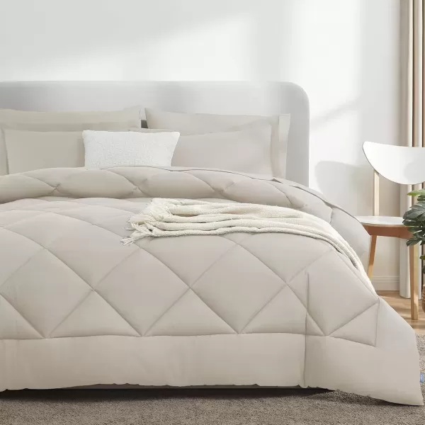 imageCozyLux Queen Bed in a Bag 7Pieces Comforter Sets with Comforter and Sheets Dark Grey All Season Bedding Sets with Comforter Pillow Shams Flat Sheet Fitted Sheet and PillowcasesBeige
