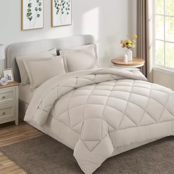 imageCozyLux Queen Bed in a Bag 7Pieces Comforter Sets with Comforter and Sheets Dark Grey All Season Bedding Sets with Comforter Pillow Shams Flat Sheet Fitted Sheet and PillowcasesBeige